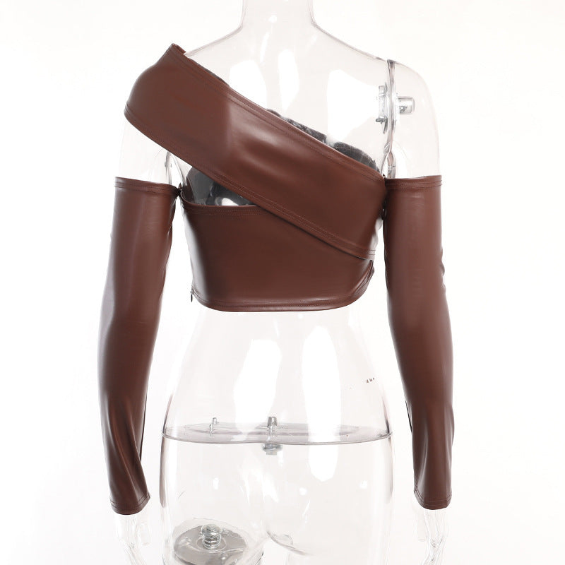 Haut plissé à manches longues irrégulier marron pour femme