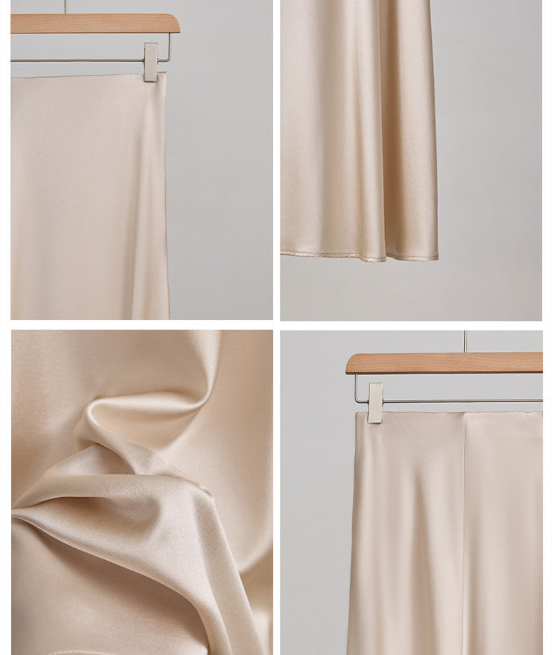 Women's Elegant Silk High Waist A-Line Skirt in Champagne & Black