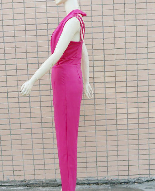 Women's Summer Solid Color Slim Fit Backless Fashion Jumpsuit