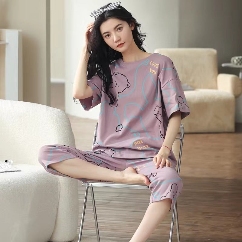 Women's Plus Size Short Sleeve Cropped Pajama Set Homewear