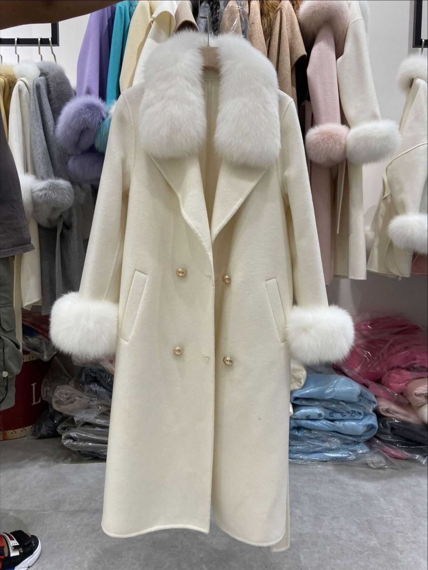 معطف صوف طويل بقصة ضيقة بوجهين وياقة من فرو الثعلب للنساء، مقاسات S-XL