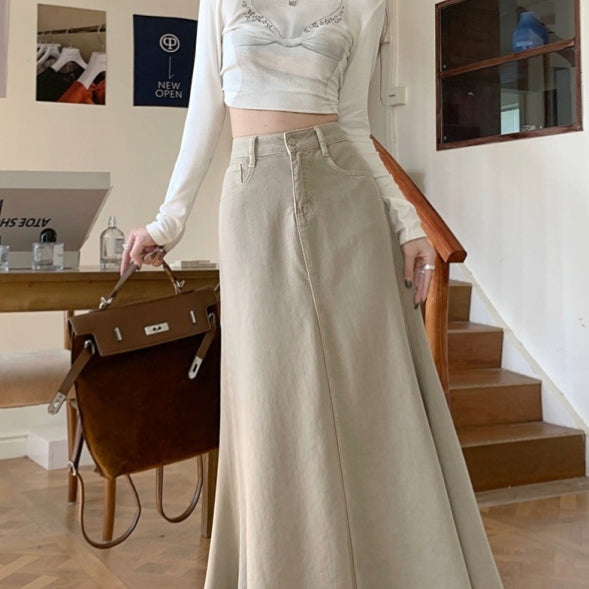 فستان خريفي عالي الخصر من الدنيم بتصميم كلاسيكي على شكل حرف A