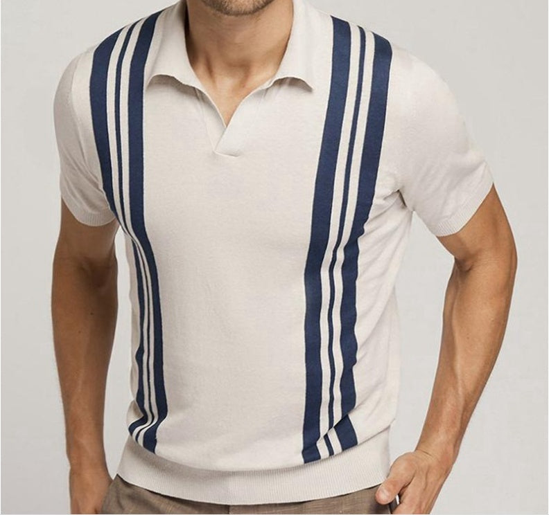 Polo décontracté d'été pour homme, manches courtes, rayé, coupe ajustée, col revers