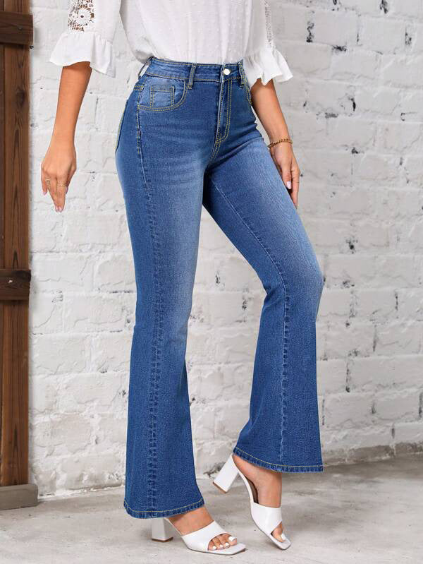 Women's Peacock Blue Stretch Floral Embroidered Flared Jeans
