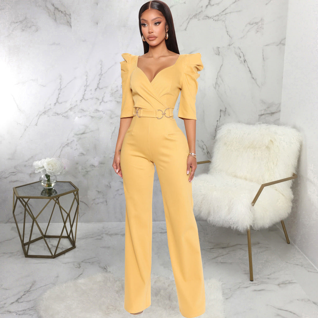 Long Sleeve V-Neck Wide Leg Sexy Jumpsuit