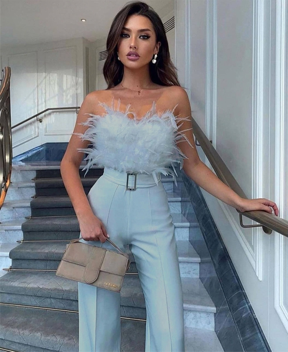 Feather Tube Top Jumpsuit with Embroidery
