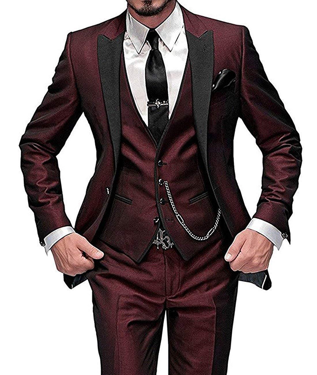 Men's Wine Red Slim Fit Three-Piece Wedding Suit