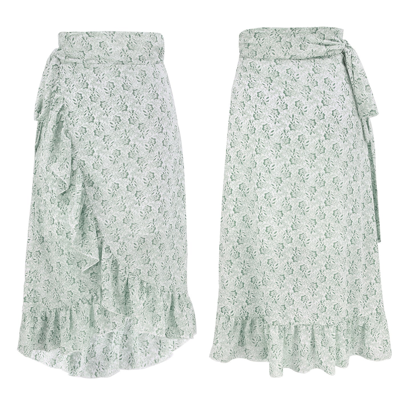 Women’s High Waist Black Floral Chiffon Wrap Ruffle A-Line Skirt Spring Summer