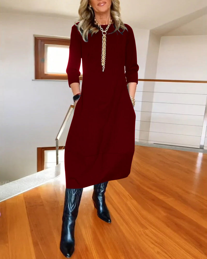 Robe unie ample à col rond et manches longues pour femme – Collection automne-hiver