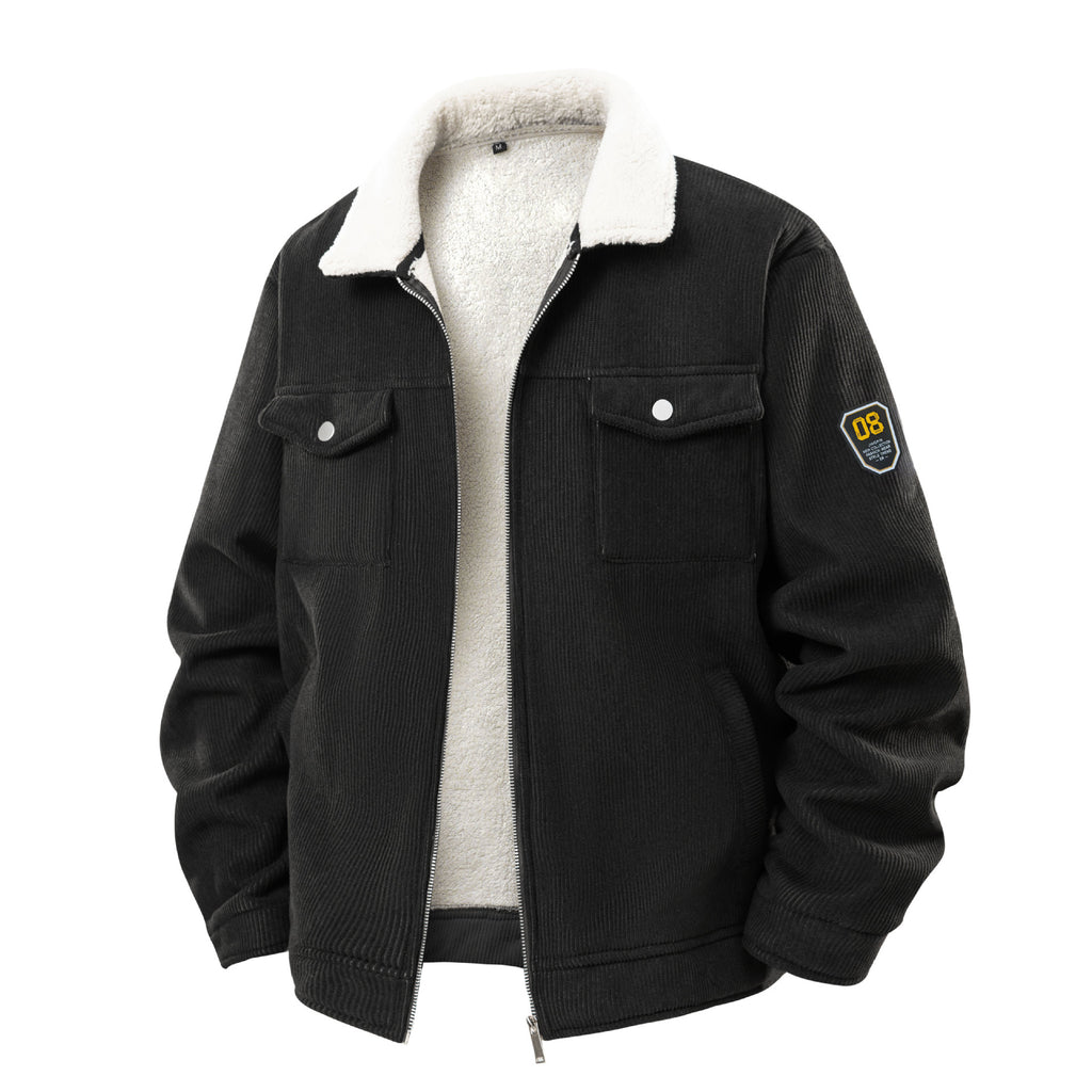 Manteau homme en velours côtelé épais doublé polaire avec revers en agneau, noir, café, kaki