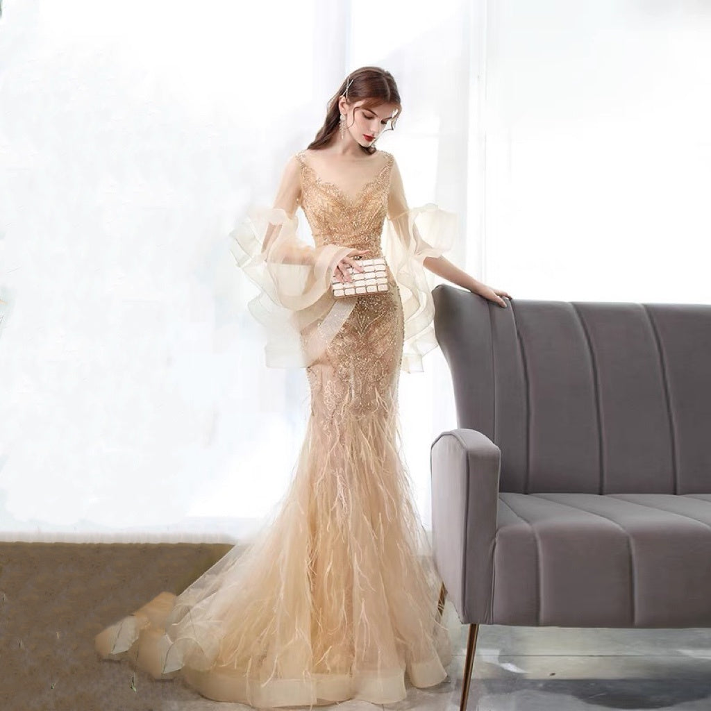 Golden Mermaid Evening Dress with Zipper, Mid Waist, 3/4 Sleeves, XXL Available