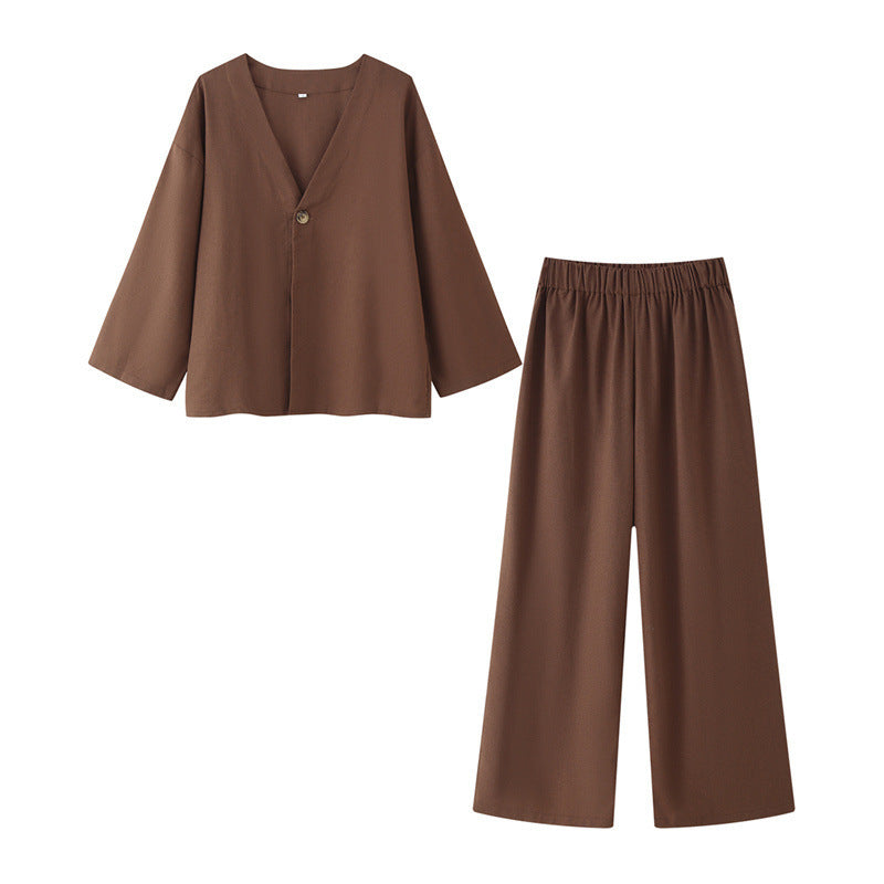 Cotton And Linen Casual Loose V-neck Solid Color Two-piece Set