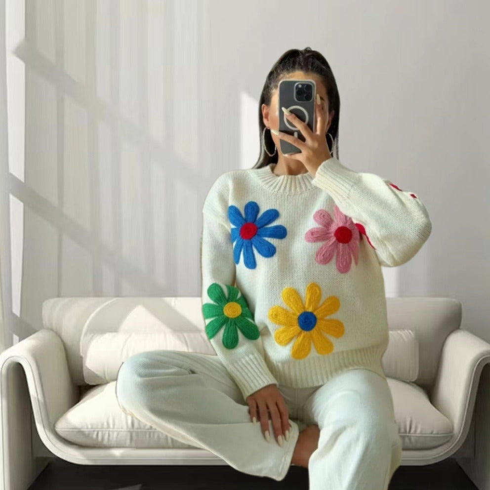 European & American Colorful Little Flower Thick Cute Sweater Coat