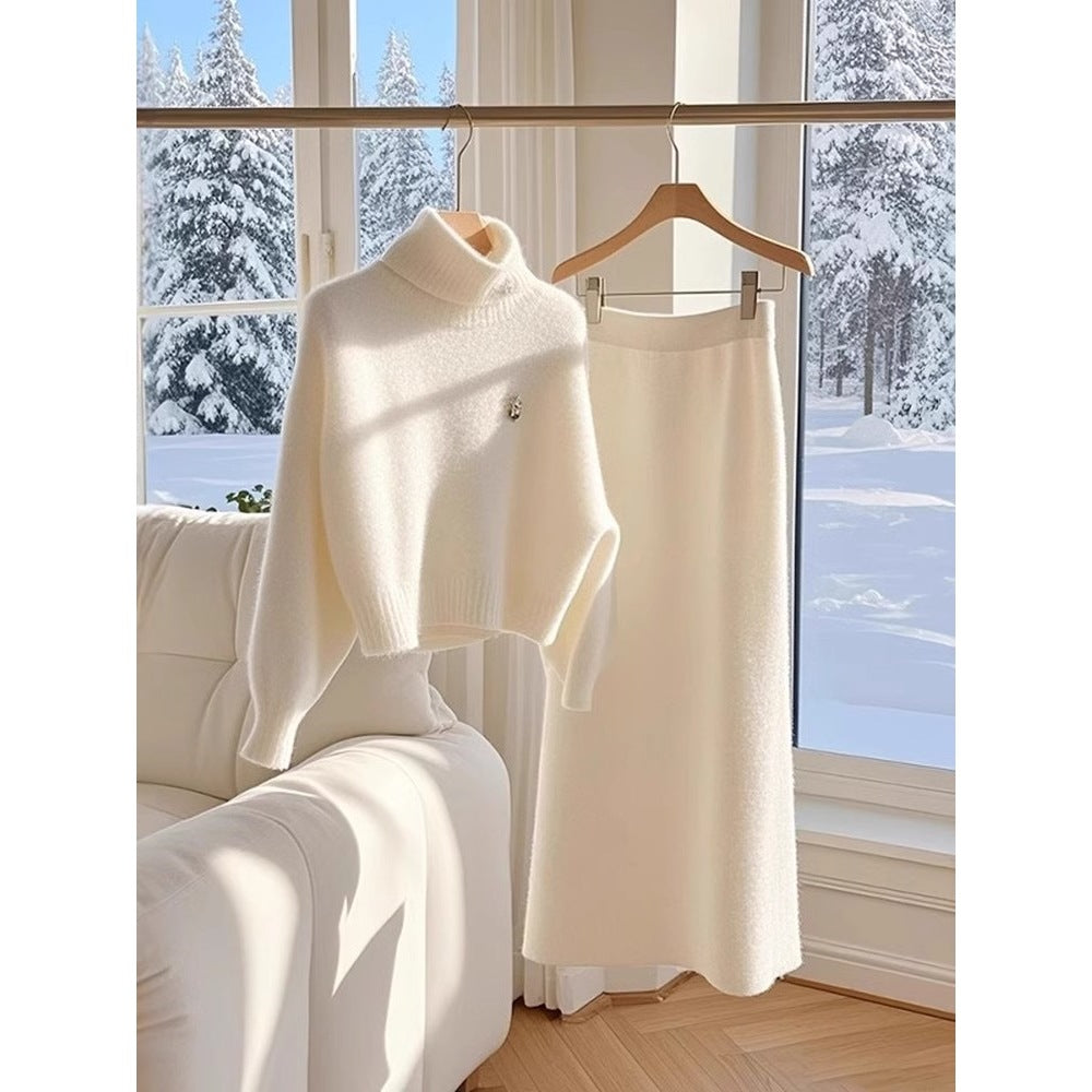 White Temperament Thick Sweater Skirt Suit for Women