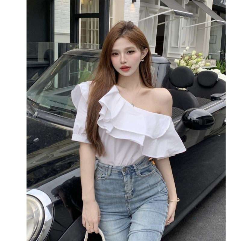 Women's Elegant Ruffled Off-Shoulder Long Sleeve Shirt