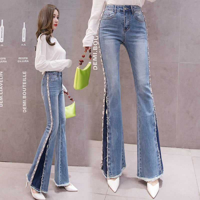 High Waist Slimming Embroidery Beaded Flared Denim Jeans for Women