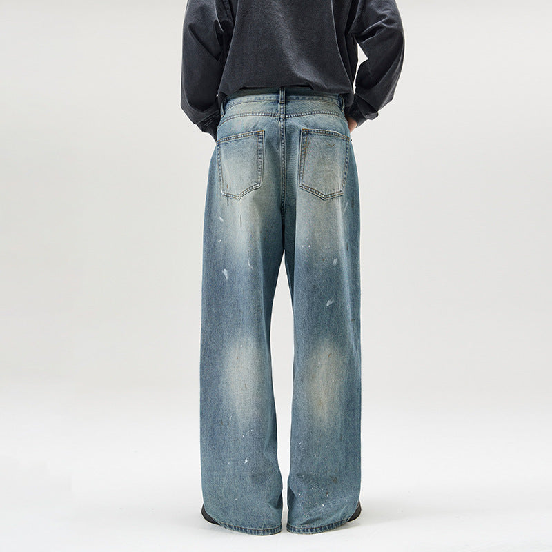 American-Style Ice Blue Washed Loose Denim Jeans