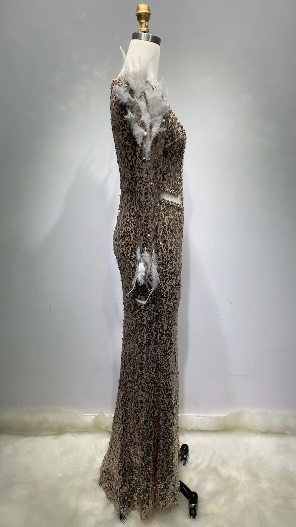 Milky White Sequins Sheath Long Bandage Dress with Nine-Quarter Sleeves