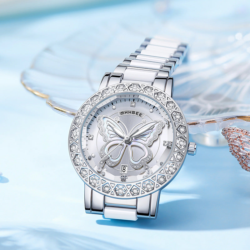 Montre de luxe pour femme ornée de diamants papillon avec calendrier et bracelet en acier