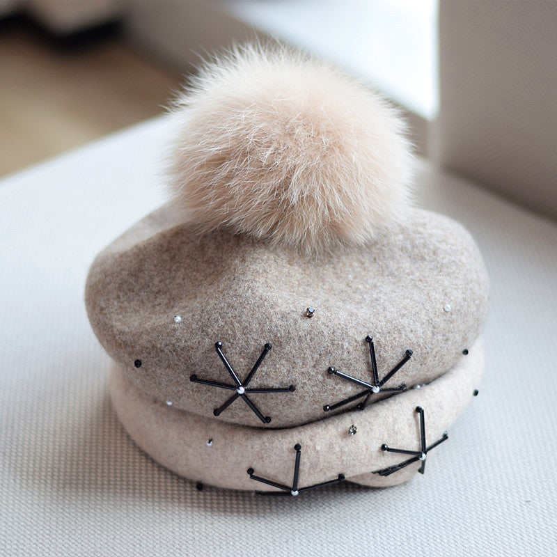 Women's Wool Dome Hat with Fox Fur Ball – Winter Warm M(56-58cm)