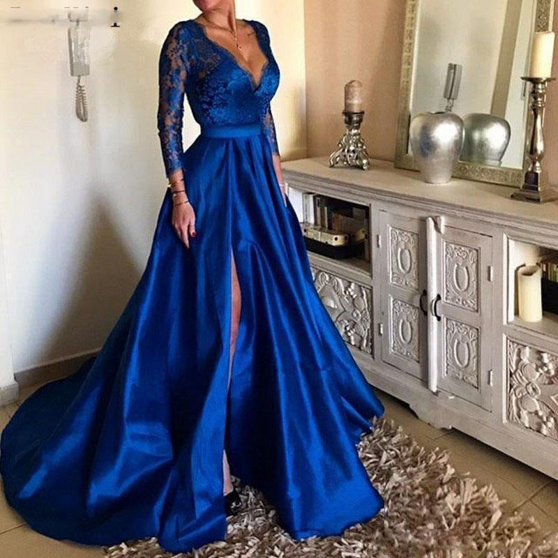 Blue Lace V-Neck Puff Sleeve Evening Dress with Large Swing Skirt