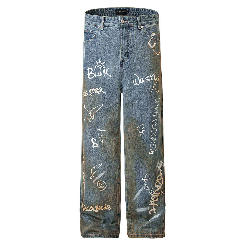 Hand-Painted Graffiti Print Jeans for Men in Light Gray & Washed Blue
