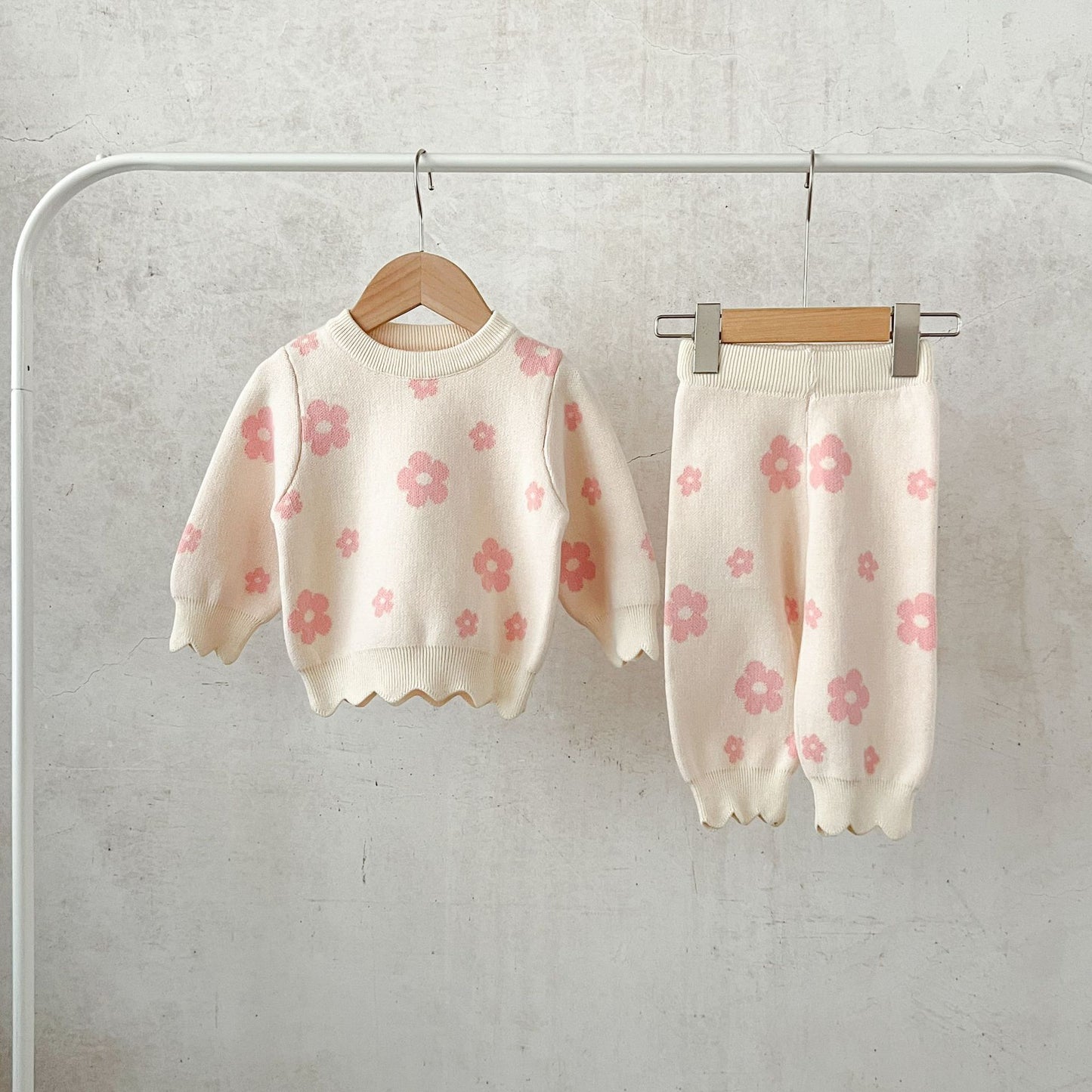 Ensemble coréen pour bébé fille, en coton et laine à fleurs, haut ample et pantalon large.