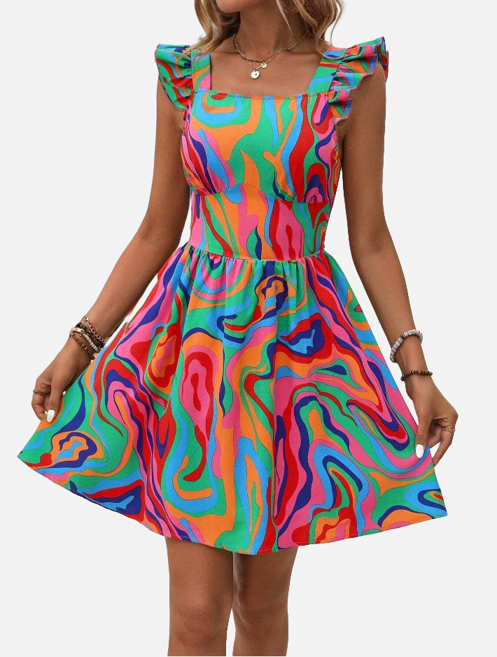 Printed Lace-Up Backless Frill Holiday Dress