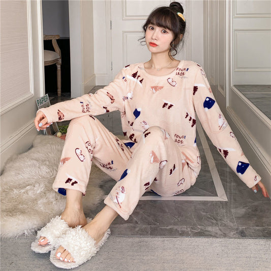 Women's Thick Flannel Long Sleeve Cute Homewear Suit