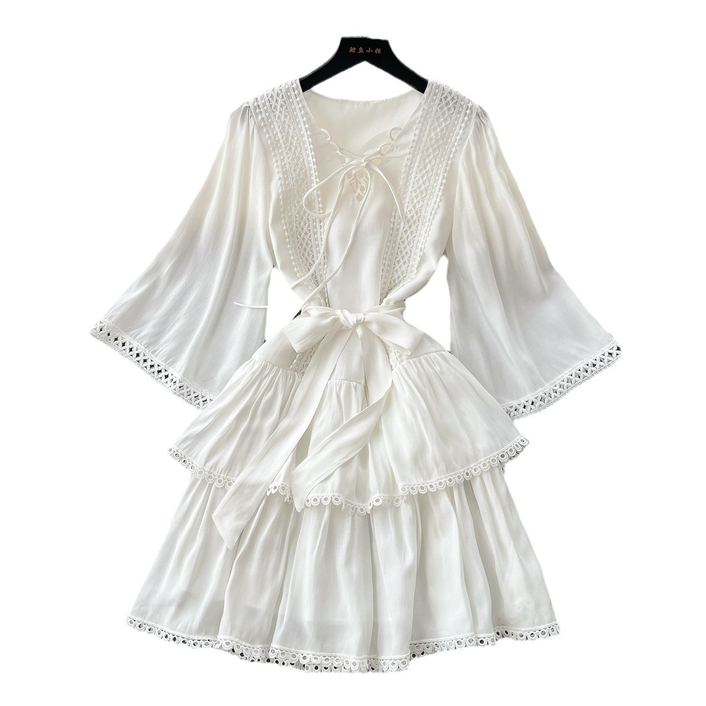 Retro Lace Up Bell Sleeve Waist Lace Stitching Loose Dress