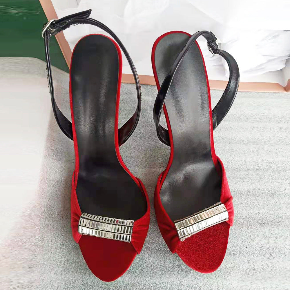European & American Black & Red Velvet Rhinestone High Heel Sandals