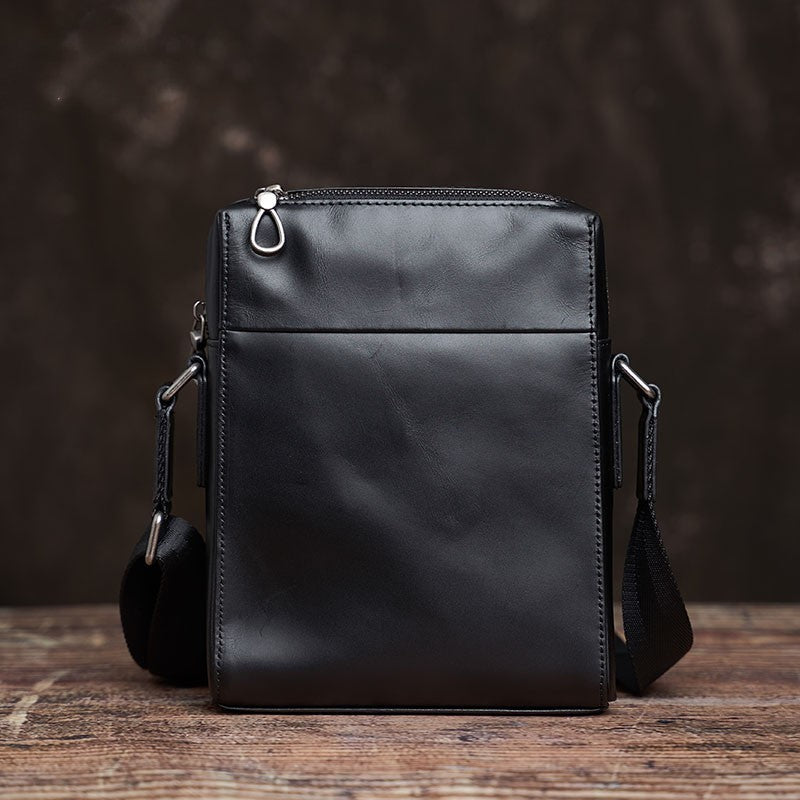 Handmade Men's Black Cowhide Leather Shoulder Bag with Zipper