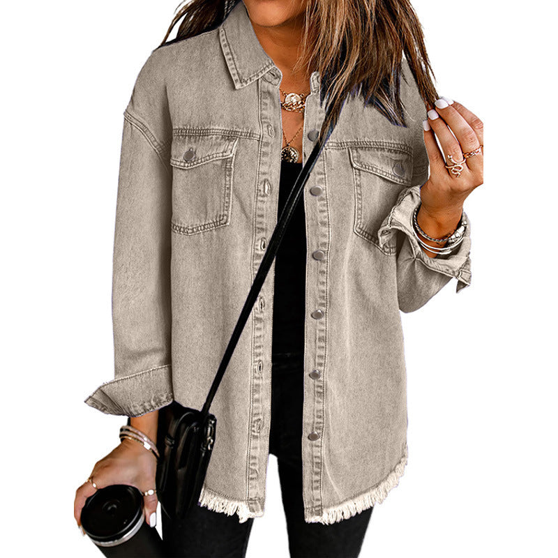 Denim Long Sleeve Lapel Top Women's Solid Color Single-breasted Mid-length