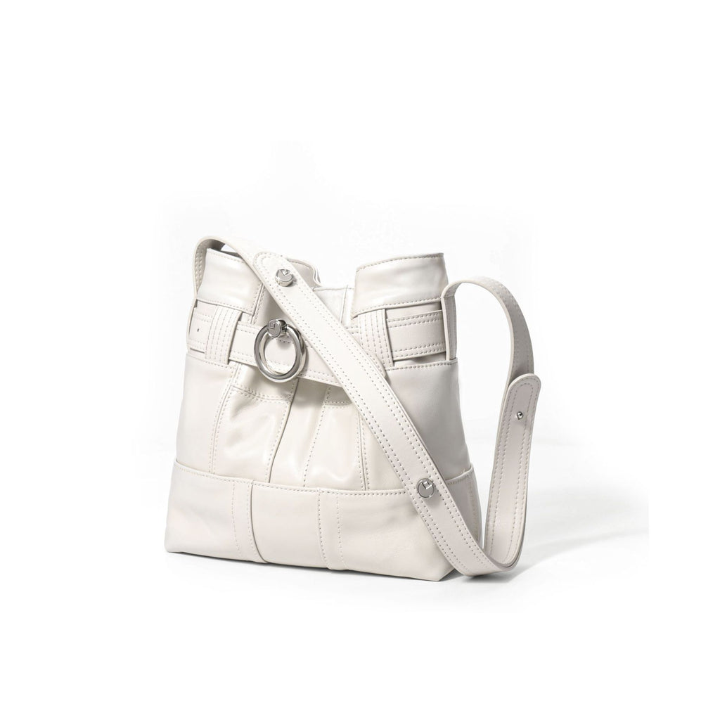 Sac bandoulière en cuir de vachette beige avec surpiqûres