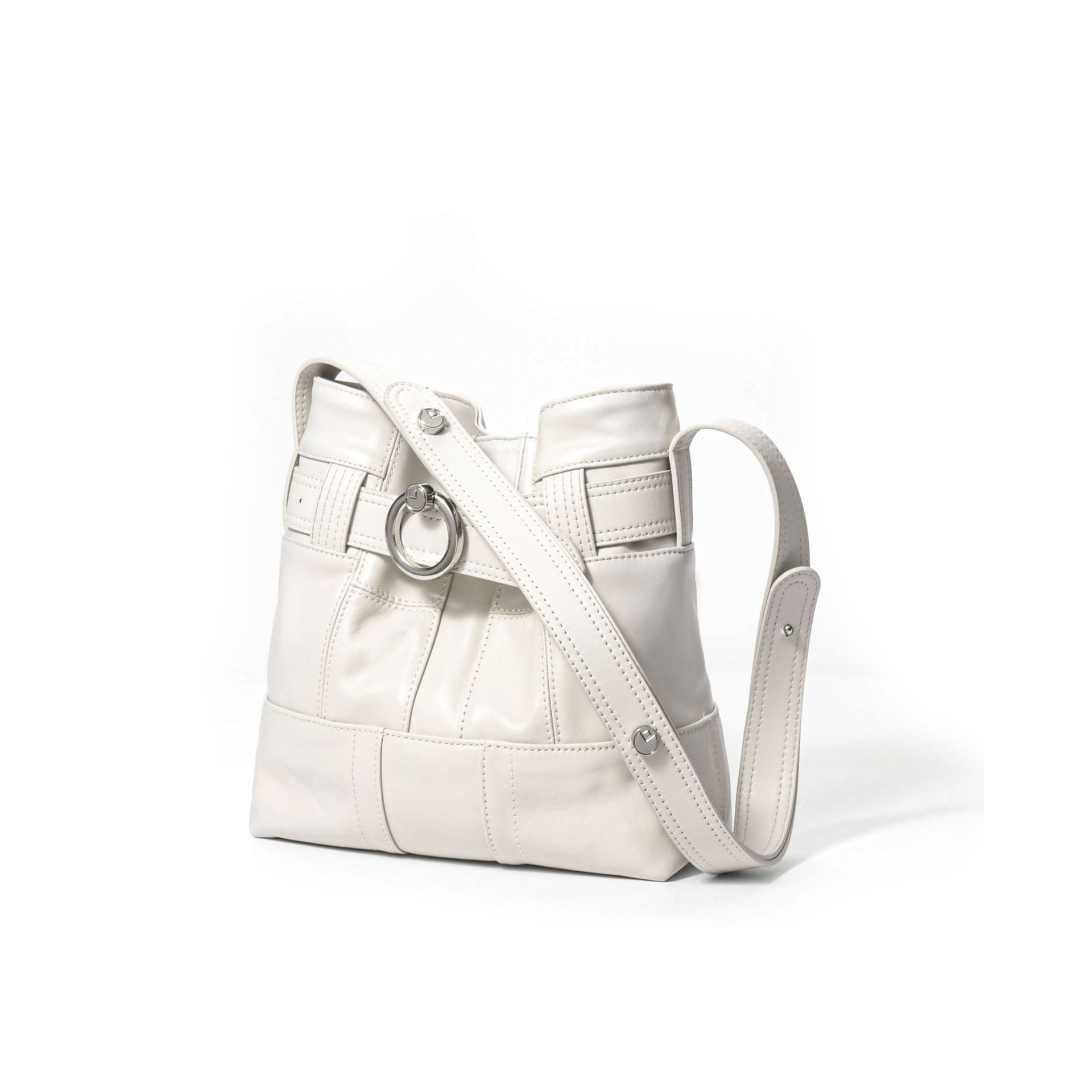 Sac bandoulière en cuir de vachette beige avec surpiqûres