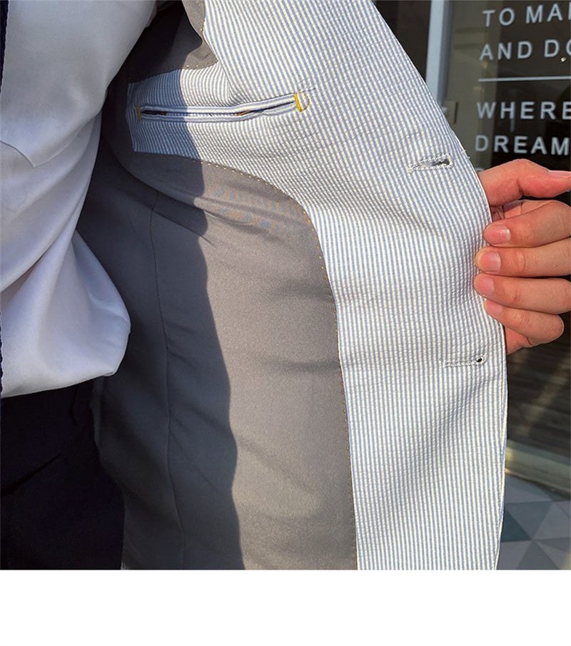 Costume pour homme en seersucker fin rayé bleu