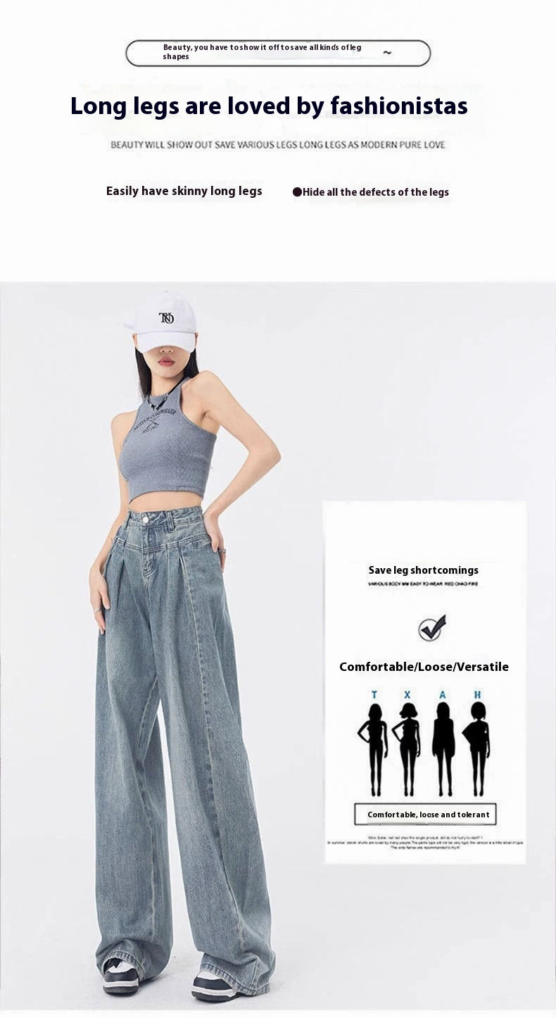 High Waist Pleated Wide Leg Loose Cotton Denim Jeans for Women
