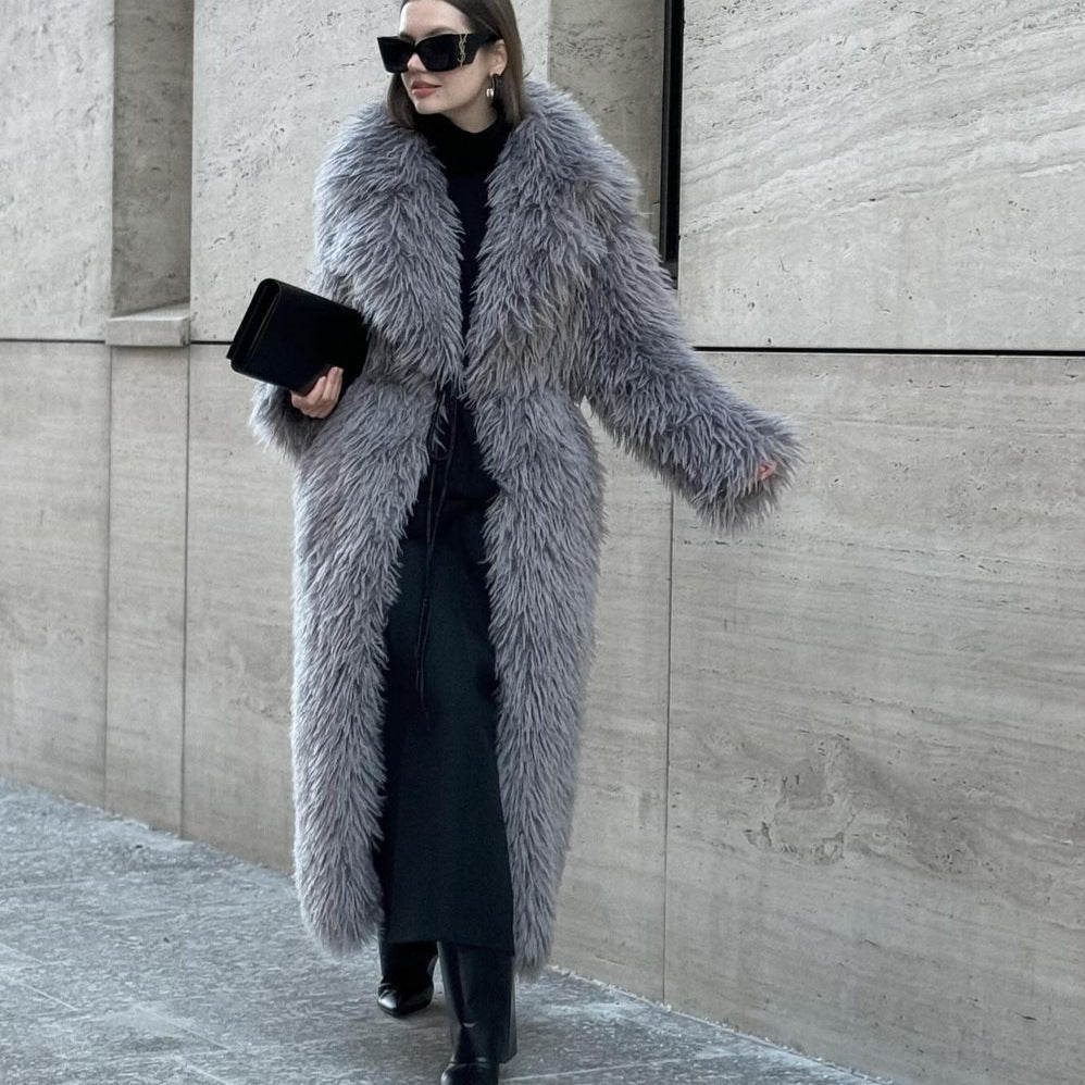 Gray Lapel Plush Coat Warm Thickened Fleece-Lined