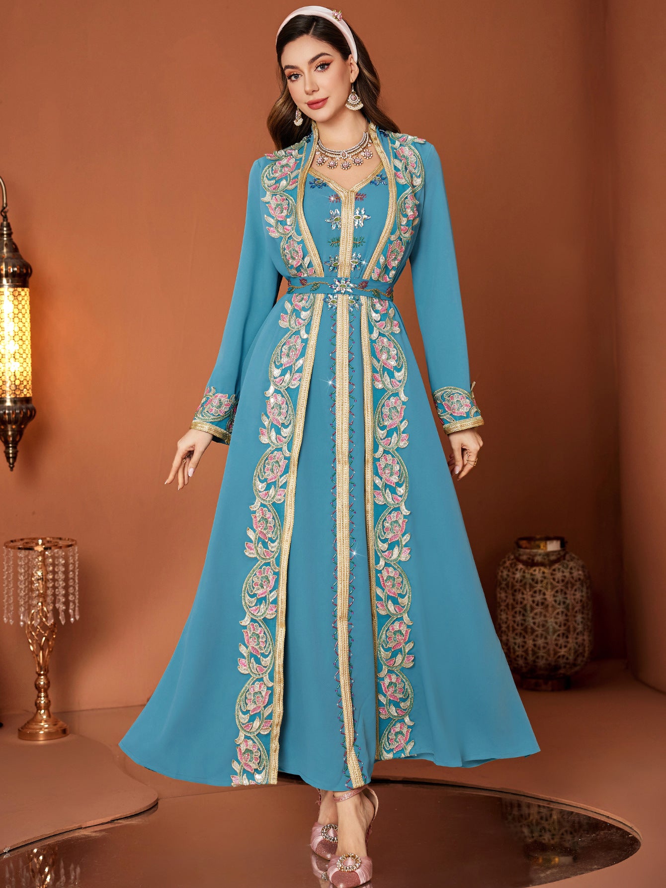 Peacock Blue Lace V-Neck Embroidered Two-Piece Style Belted Dress