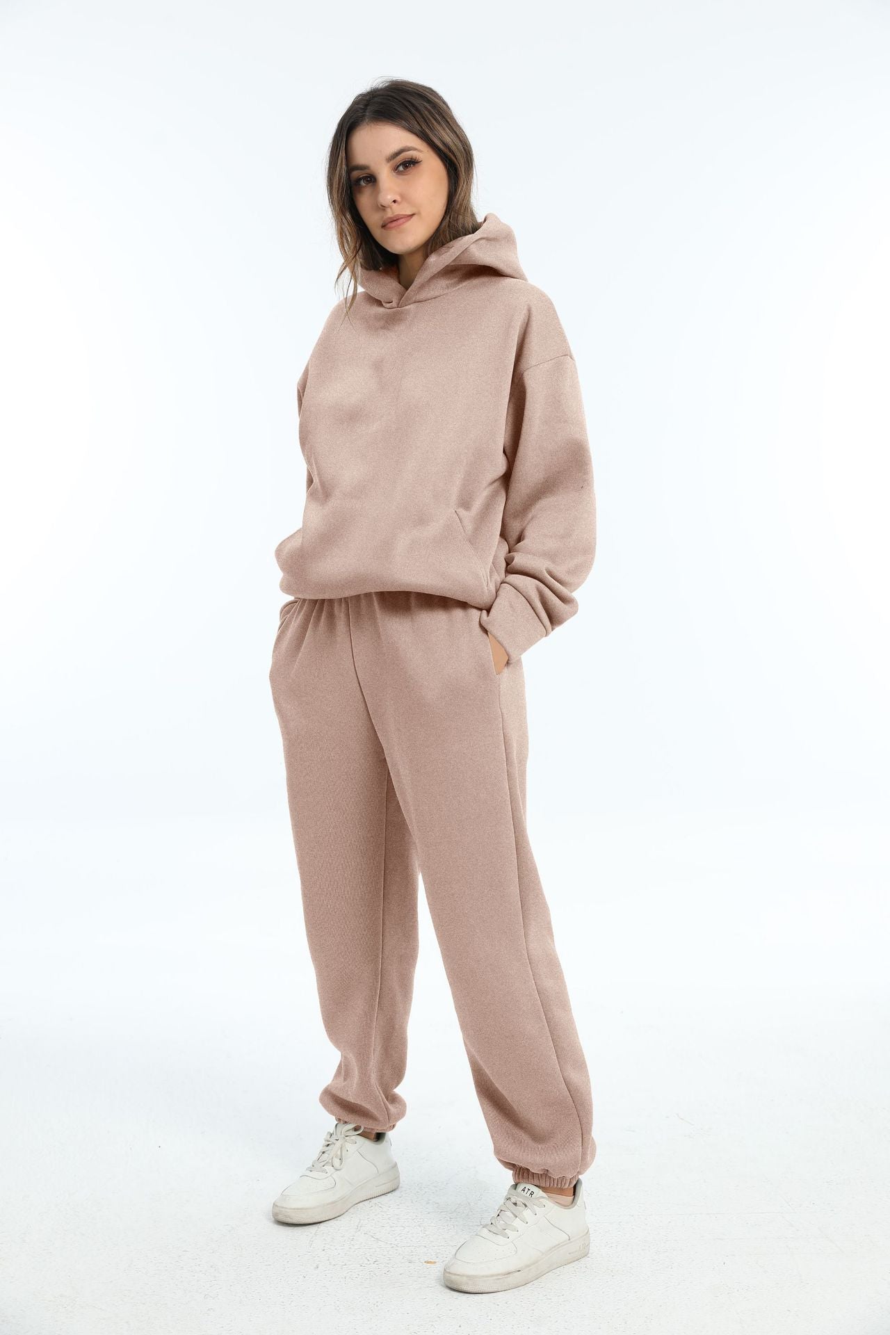 Solid Color Hooded Casual Suit in Black, White, Blue & Brown, Polyester, S-XL