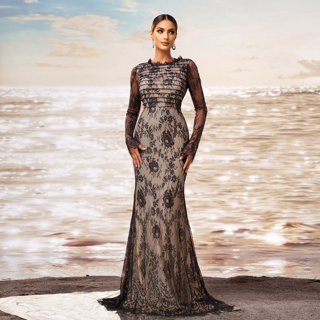 Long Sleeve Round Collar Black Gauze Fishtail Evening Dress