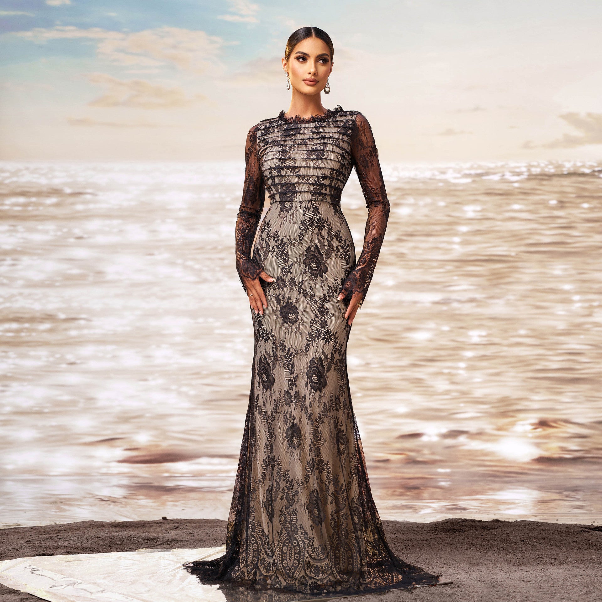 Long Sleeve Round Collar Black Gauze Fishtail Evening Dress