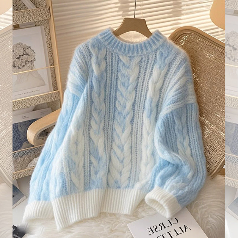 Blue Soft Glutinous Cable-Knit Pullover Sweater, Loose Fit, Long Sleeve, Polyester, Blue, S-XL