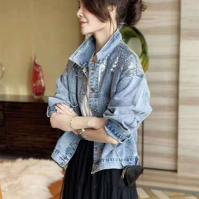 Women's Oversized Loose Denim Coat with Sequins