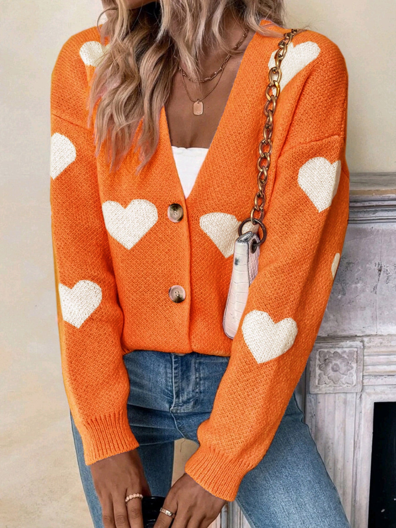 Women's Long-Sleeve Love Pattern Cardigan Sweater for Valentine's Day