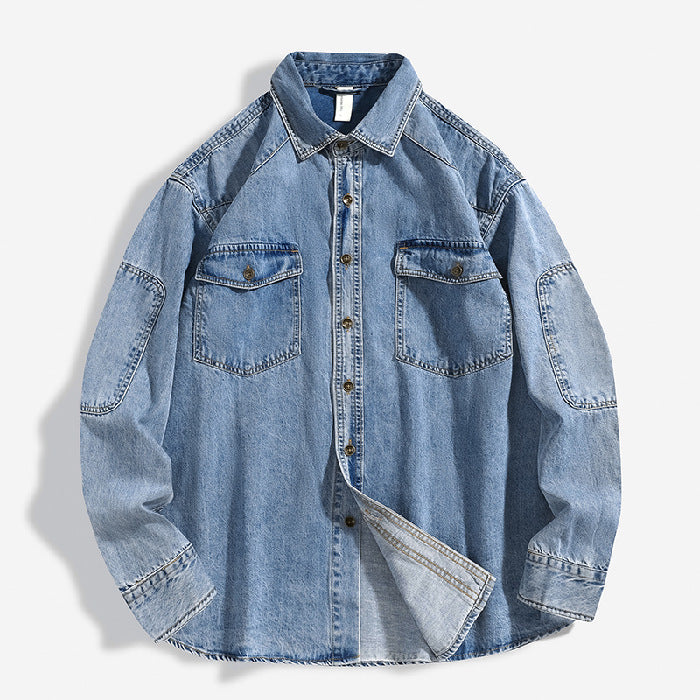 Cardigan Homme Lourd Délavé Ample Chemise Manteau en Coton Mélangé