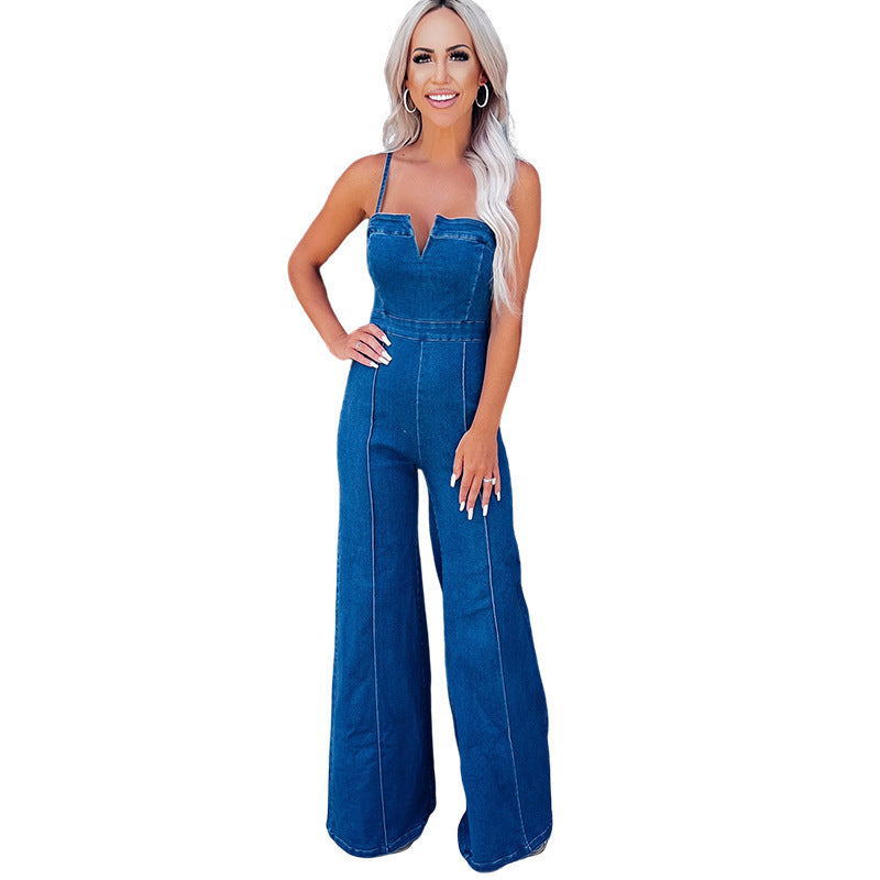 Combinaison salopette en jean taille haute à fines bretelles pour femme
