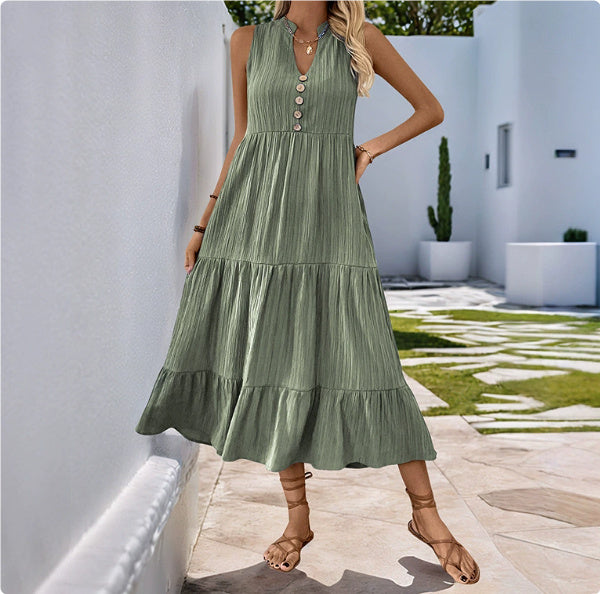 Blue Pleated Sleeveless Stand Collar Dress Mid-Length