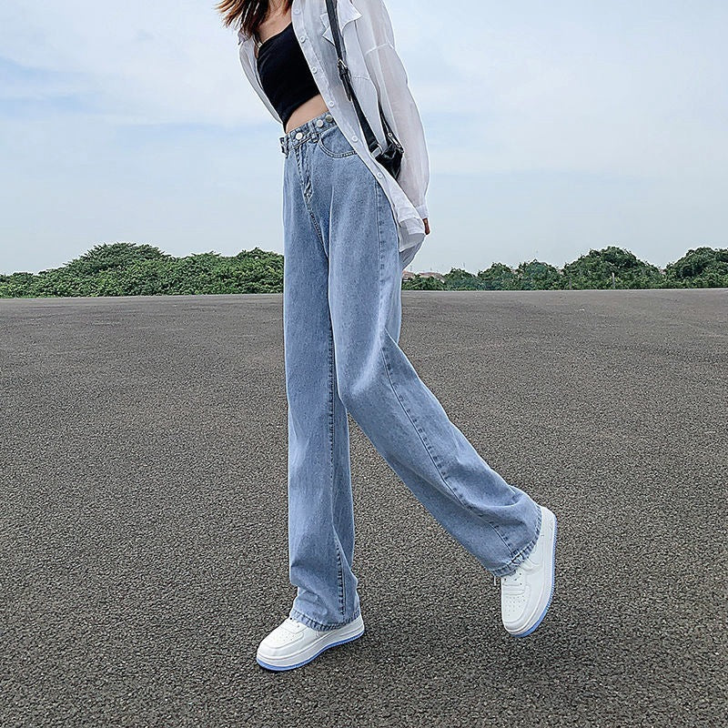 Women's Adjustable High Waist Straight Denim Jeans Loose Fit