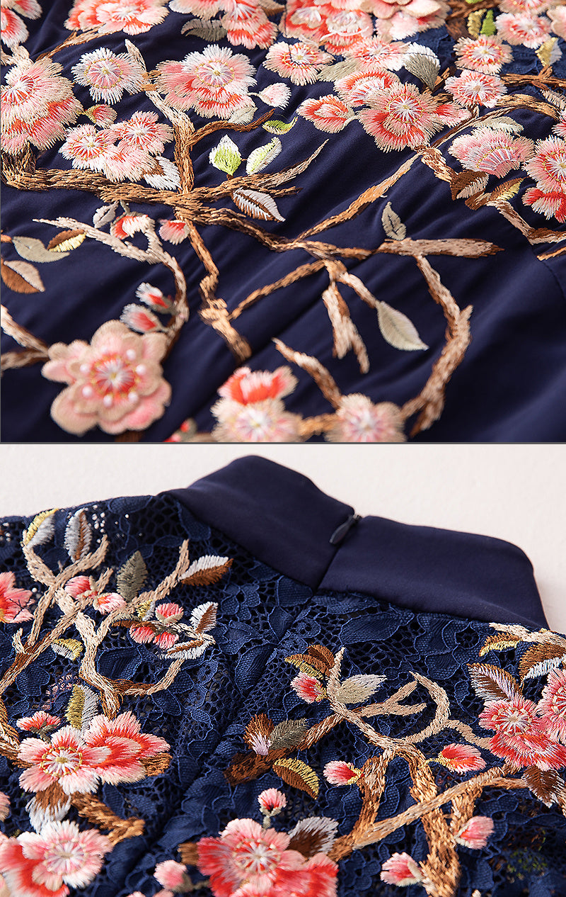 Elegant Chinese Style Embroidered Flower Long Cheongsam Dress XXL